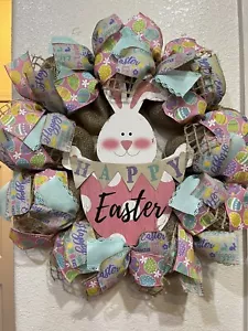 FARMHOUSE SPRING 🐰 Wreath Rustic BURLAP DECO MESH Egg 22" x 22" EASTER BUNNY - Picture 1 of 8