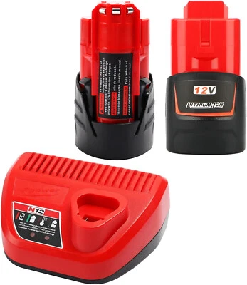 WAITLEY 2pc 12V 3A Li-Ion Battery for Milwaukee M12B6 M12 XC 48-11-2401 2402+M12 Charger