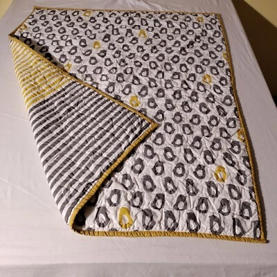 LAND OF NOD Yellow Gray Stripes Penguins Reversible Quilt Baby Comforter - Image 1 of 4