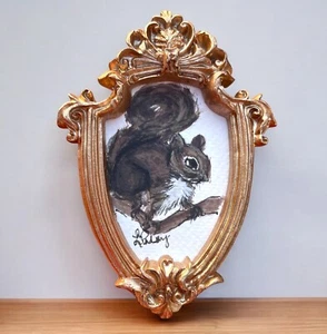 Original adorable Squirrel watercolor painting in miniature gold ornate frame - Picture 1 of 5