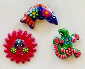 3 Mexican Talavera Folk Art Pottery Ceramic Sun Fish Lizard Refrigerator Magnet - Picture 1 of 7