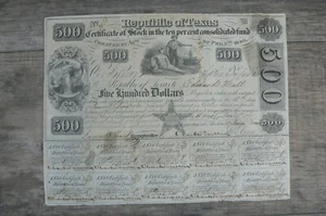 1840 Republik Texas 500 $ Aktienzertifikat extrem selten! Museumsqualität! - Bild 1 von 2