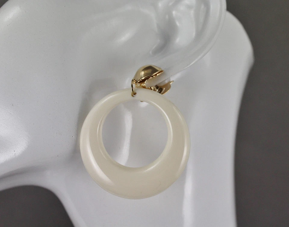 Off-White round Clip On earrings pendant clips 2.25" long lightweight circle - Image 1 of 1