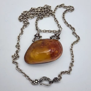 Poland Sterling Brutalist - Chunky Nugget Amber Pendant Cable Chain Necklace 25" - Picture 1 of 22