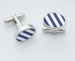 C0009 CUFFLINKS CUFF LINKS OVAL NAVY TOPAZ WHITE MOTHER OF PEARL TILTED BARS NEW - Picture 1 of 1