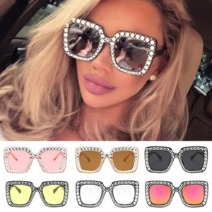 Oversized Square Frame Bling Rhinestone Effect Cat Eye Womens Fashion Sunglasses - Picture 1 of 7