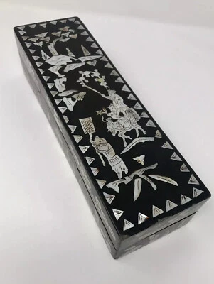 Антикварная китайская лакированная шкатулка - инкрустированная перламутровой бумагой маше 10,5 дюйма - Изображение 1 из 4