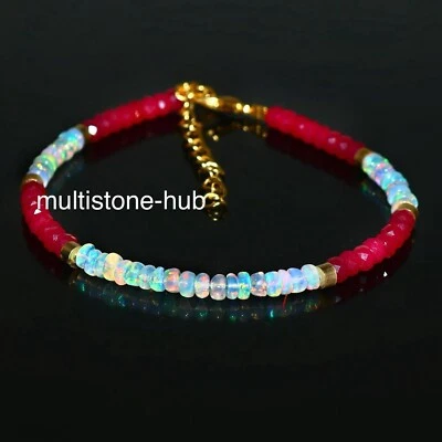 Natural Ruby Opal Faceted Rondelle 4MM Beaded Gemstone Bracelet 7 Inch - Image 1 of 4