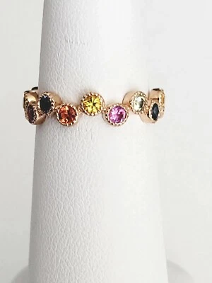 Anel de ouro rosa 14K multicolorido safira arco-íris meia eternidade tamanho 6,5 - Imagem 1 de 4