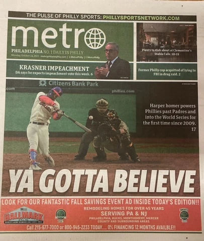 METRO NEWSPAPER Philadelphia Phillies NLCS PENNANT WIN 24 OCTOBER 2022 Cover