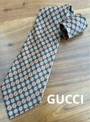 全新 未使用 古驰 领带 宽棕色 橙色 几何图案 100% 丝绸 意大利制造 — 第 1/2 张图片