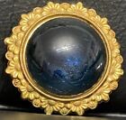 Signed MIRIAM HASKELL Gold Tone Large Cabochon Dark Blue Glass Brooch Pin 2" D