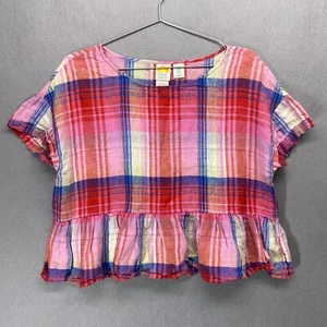 C&C Shirt Womens Medium Pink Plaid Linen Pullover Ruffle Boho Preppy Cropped - Picture 1 of 10