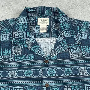 LL Bean Button Up Shirt Mayan Aztec Print Men's Medium Blue Traditional Fit - Picture 1 of 6