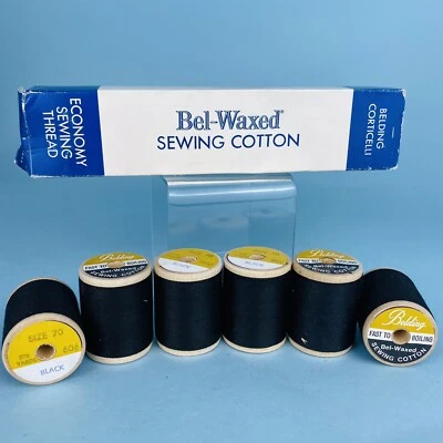 6 Bel Waxed Cotton Belding Corticelli Black Thread Wood Spools Sewing USA NOS - Image 1 of 4
