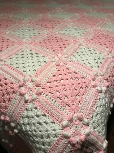 Afghan Pink White Square Flower Checker Blanket Shabby Chic Boho 68” X 70” - Picture 1 of 11