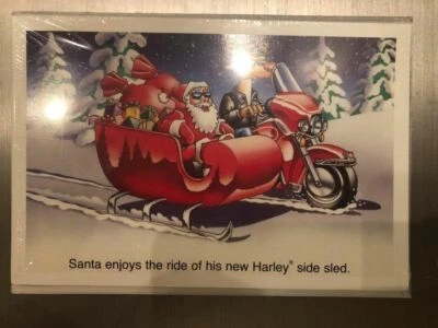PAUL OXMAN HARLEY DAVIDSON CHRISTMAS CARDS #X732 SANTA & RUDOLPH DELIVERY GIFTS IN SLED(10)