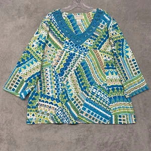 Alfred Dunner Top Womens 2X Blue Green Crochet V Neck Geometric Pullover Tee - Picture 1 of 7