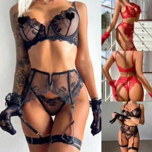 Luxallacki Floral Lace Backless Hollow Out Bra & Thong Set 5-Piece Lingerie - Picture 1 of 33