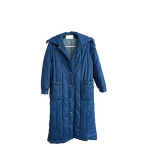 Abrigo largo azul abullonado Bergdorf Goodman Fifth Ave NY para mujer con cuello calentador facial - Imagen 1 de 5