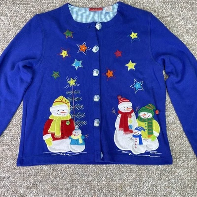 Único Suéter Informal Mujer Grande Azul Cárdigan Muñeco de Nieve Bordado Navidad Foto 1 de 4