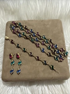Vintage Set Swarovski Multicolor Käfig Glas vergoldet Halskette Armband Ohrringe - Bild 1 von 17