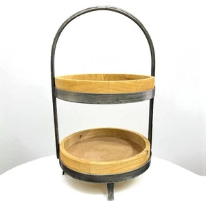Vassoio da portata rotondo 2 livelli legno metallo stile rustico casale organizer espositore - Foto 1 di 5