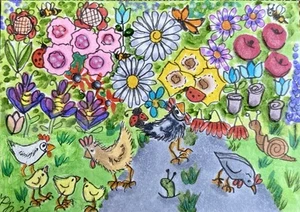 “Who’s Hiding?” ACEO Mini Original Folk Art Outsider Artist Flower Patch Chicken - Picture 1 of 1