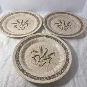 SET OF 3 Homer Laughlin SPECKLED WHEAT 10.25" Dinner Plates, Beige w/Brown Band - Picture 1 of 6