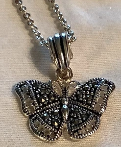 Marcasite & Silvertone Butterfly Necklace on a 17" Chain (marked CW) - Picture 1 of 6