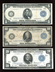 Set of 1914 $5 $10 $20 Federal Reserve Note Large Size Blue seal - Picture 1 of 2