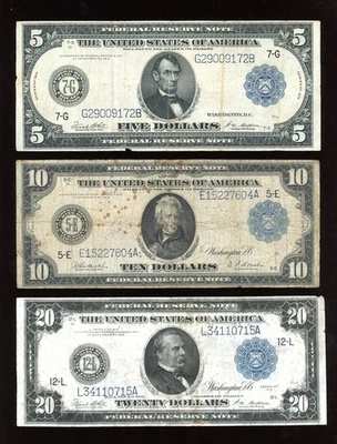 Set of 1914 $5 $10 $20 Federal Reserve Note Large Size Blue seal - Image 1 of 2