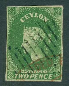 SG 3a Ceylon 1857-59. 2D gelb-grün. Sehr fein gebraucht. 4 Ränder - Bild 1 von 1