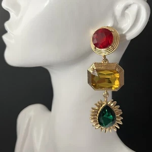 Orecchini dichiarazione tono gioiello vetro giallo rosso strass oro stile vintage anni 90 - Foto 1 di 6