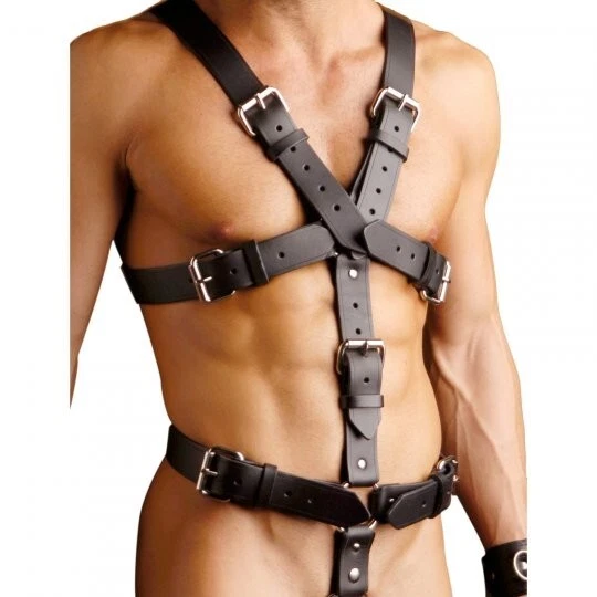 Arnés de cuerpo masculino de cuero estricto pequeño mediano bondage BDSM S&M BDS&M anillo para el pene Foto 1 de 4