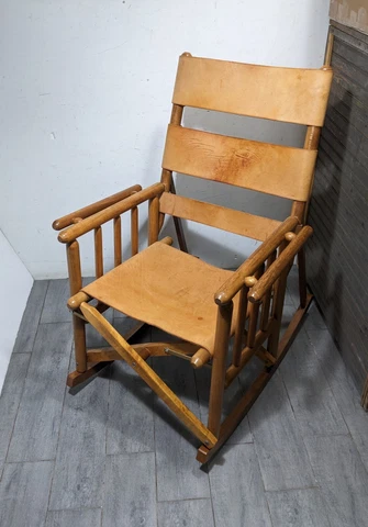 Vintage Mid Century Modern Teak & Leather Folding Safari Campaign Rocking Chair Cover