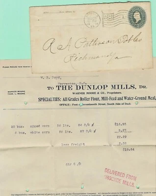U305 2¢ Green Sep 1898 NORFOLK Flag cxl   Richmond Recd Invoice & Chk 28 bu Corn - Image 1 of 3