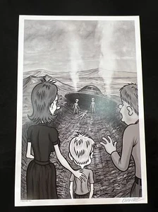 Roswell Crash UFO X Files Aliens Cartoon Characters Print signed by artist Frank - Picture 1 of 6