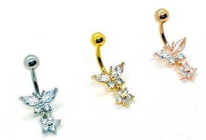 Daisy Schmetterling Bauchstange klar CZ Kristall Blume Nabel Bar Bauchring 316L - Bild 1 von 9
