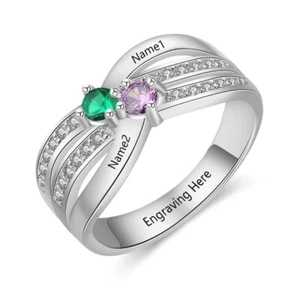 Personalized Engraved Mothers Ring 2 Birthstone 2 Names .925 Sterling Silver - Picture 1 of 6
