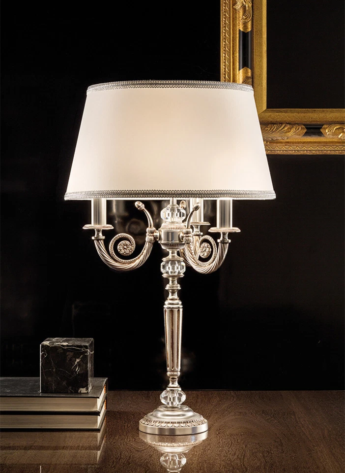 Lampada da tavolo flambeau in ottone argento e cristallo 3 luci MS-384 - Immagine 1 di 1