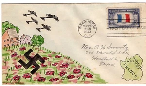 #915 France 1943 FDC Overrun Nations - Swartz Hand-Painted - Picture 1 of 2