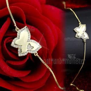 14K GOLD GF BUTTERFLY CRYSTAL LADIES GIRLS SOLID THIN CHAIN BANGLE BRACELET GIFT - Picture 1 of 8