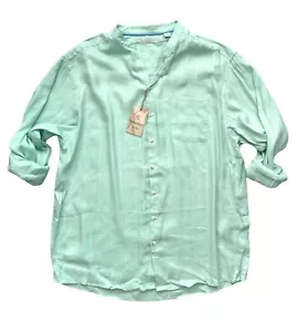 Caribbean Nwt Green Linen & Rayon Tonal Stripe Long Sleeve Mandarin Collar Shirt - Picture 1 of 4
