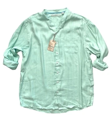 Camisa Caribeña Verde Lino y Rayón Tonal Rayas Manga Larga Cuello Mandarín 2XB Foto 1 de 4