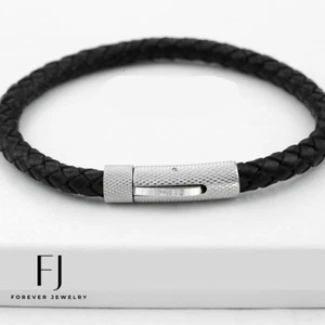 Men's 8" Stainless Steel Black Braided.Leather Bracelet*High Polish + BOX - Picture 1 of 4