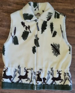 Denali Women's Full Zip Cinch Waist Deer Print Soft Vest Size L Ivory Green - Picture 1 of 14