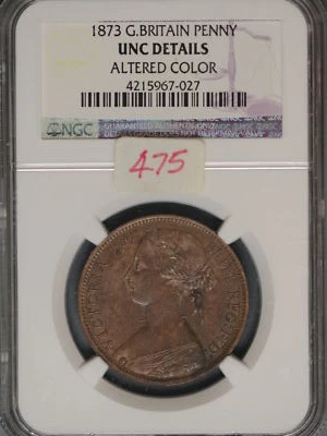 Great Britain 1873 Penny K-749.2 NGC UNC Details Altered Color - Image 1 of 2