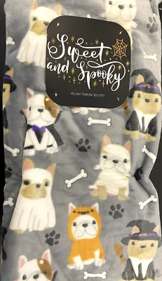 Dog Blanket Bulldog Pugs in Costumes Grey Velvet Soft Throw 50”x70” NEW - Image 1 of 4