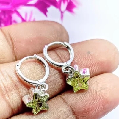Peridot Gemstone Dangle Drop Star Earring, 925 Sterling Silver Handmade Earring. - Image 1 of 4